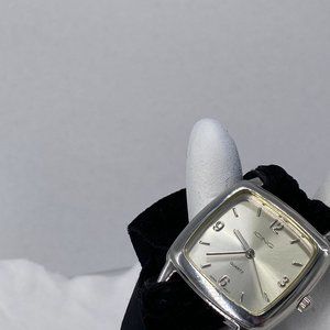 Icing Watch Square Face Silvertoned Bezel Stainless Steel Snap Back Velvet Ribbo